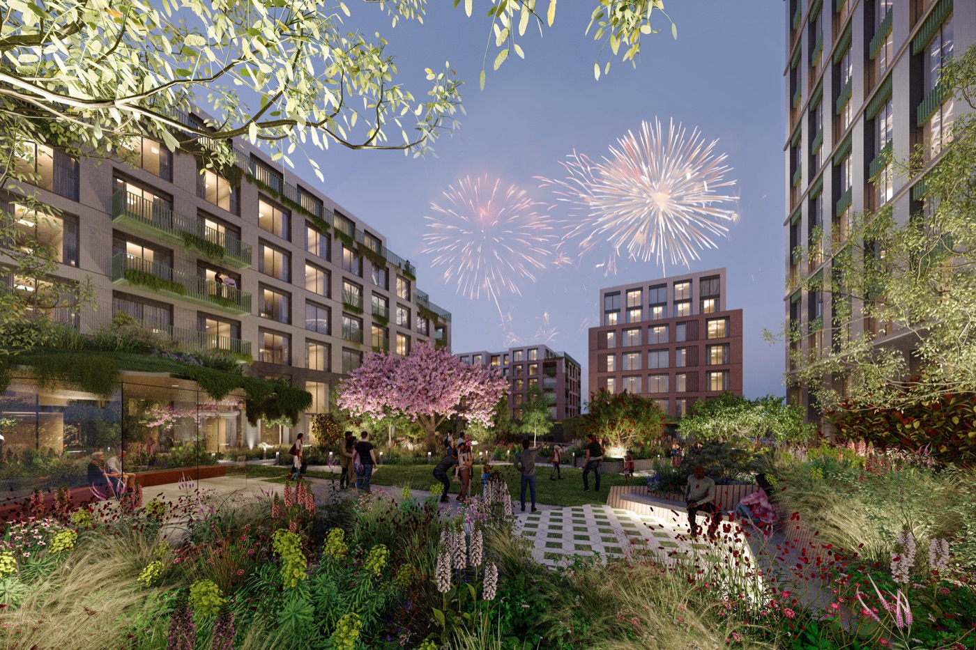 Visualisation of the central garden at dusk, with lit windows and fireworks over the rooftops