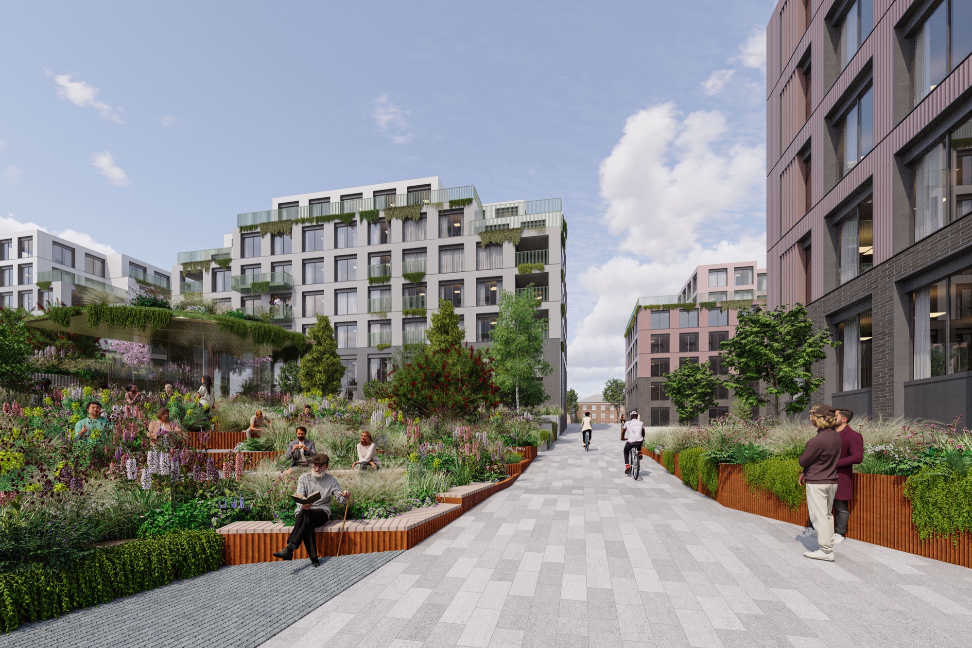 Visualisation of the Cook St development: a planted boulevard between new apartment buildings, with people walking and cycling