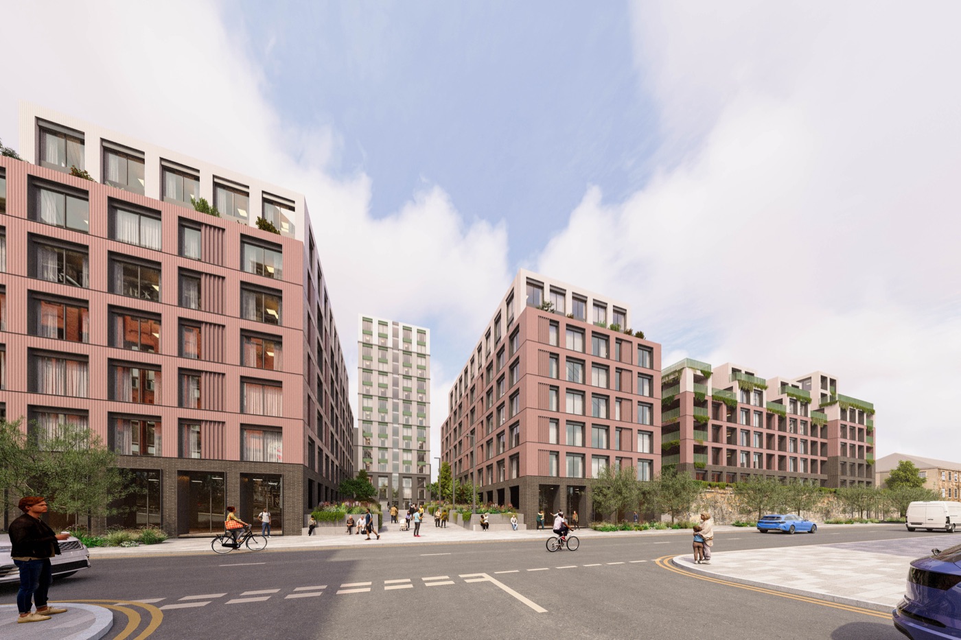 Visualisation of the Cook St development seen from street level, with brick-fronted apartment blocks and cyclists passing