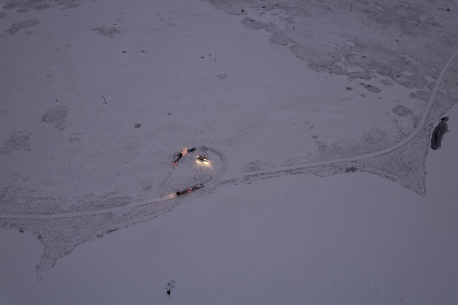 Aerial view of the drilling site in a snowfield in south Iceland