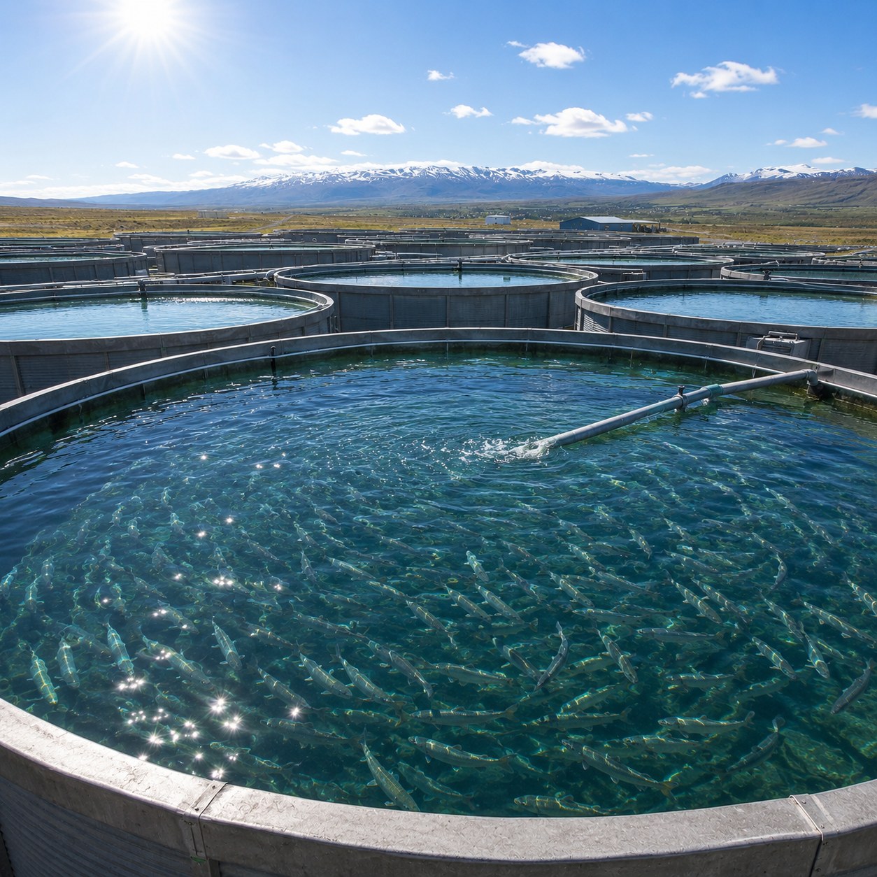 Render of the planned land-based Arctic charr tanks at Klaustur Charr, mountains behind