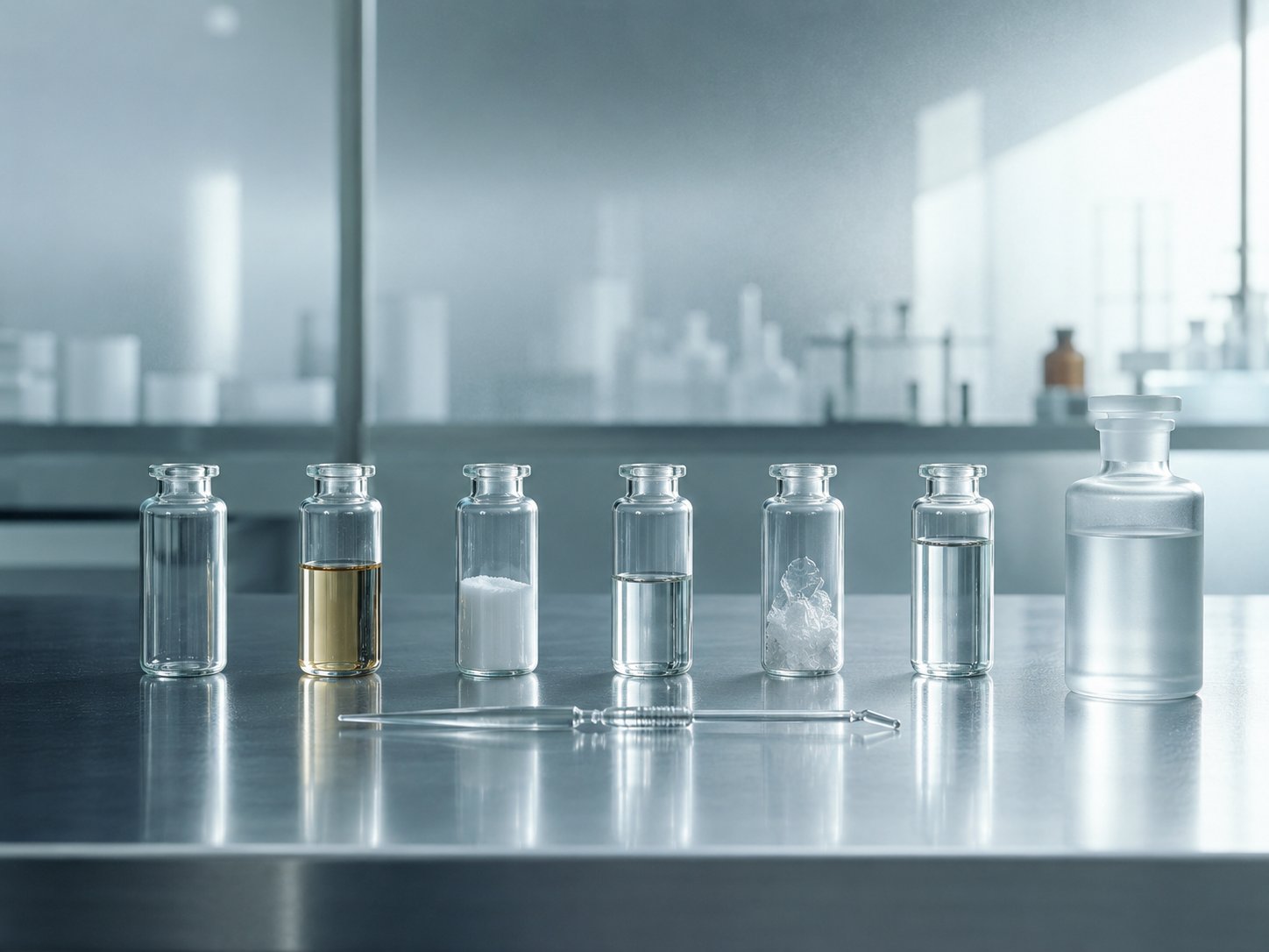 Clean laboratory bench with a row of sample vials and a pipette, one vial holding amber fish-oil