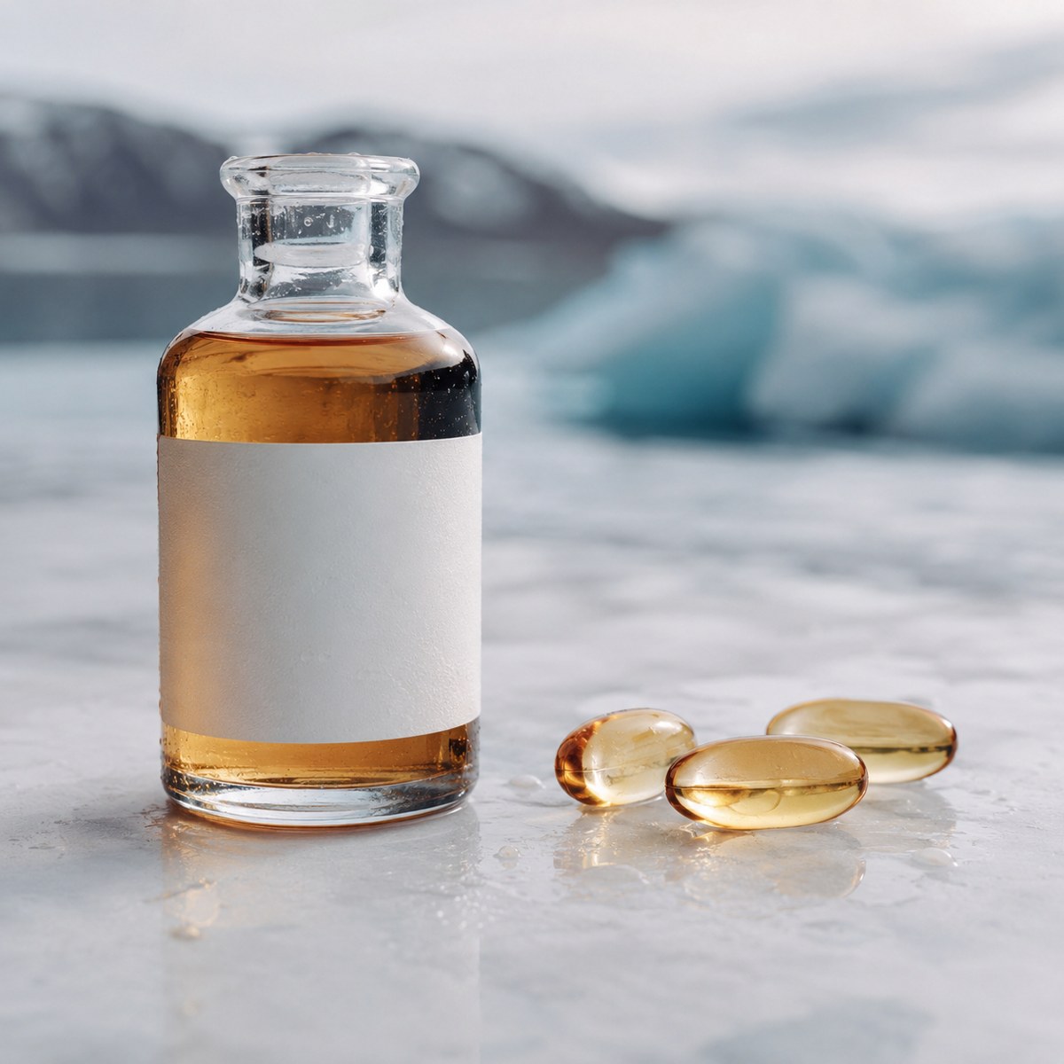Amber omega-3 oil in a glass bottle with golden softgel capsules, glacier behind