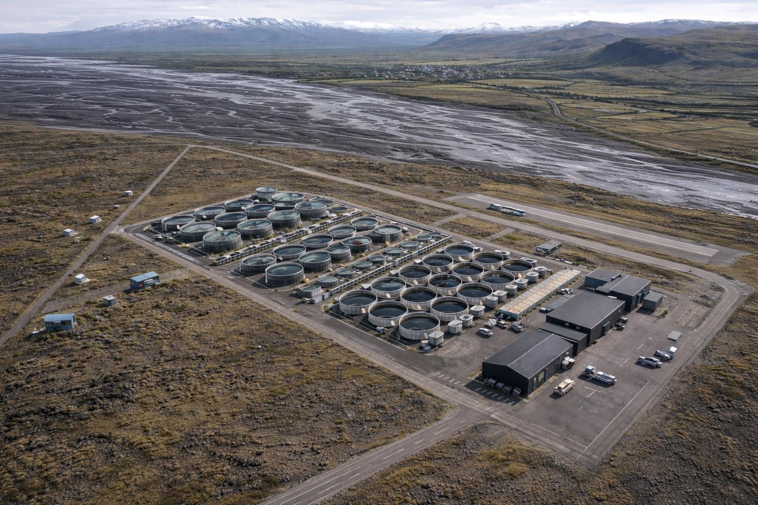 Aerial render of the planned Klaustur Charr land-based farm, set into the south Iceland landscape